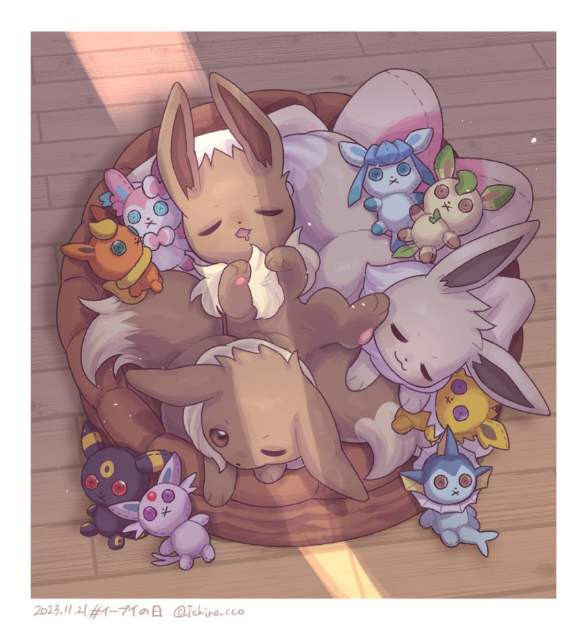 alternate_color border brown_eyes character_doll closed_eyes commentary_request dated drooling eevee espeon flareon from_above glaceon highres ichino_cco jolteon leafeon lying mouth_drool no_humans on_back open_mouth pet_bed pokemon pokemon_(creature) shadow shiny_pokemon sleeping sylveon umbreon vaporeon white_border wooden_floor