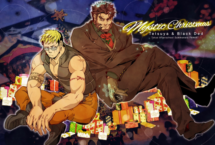 2boys arm_tattoo bara bare_shoulders beard blonde_hair box christmas cigar ded_(housamo) facial_hair frown gift gift_box gloves highres male_focus mature_male multicolored_hair multiple_boys necktie onogami_tetsuya pectoral_cleavage pectorals scar scar_across_eye short_hair sleeveless sleeveless_jacket smile snowflakes suit sunglasses tattoo tokyo_afterschool_summoners undercut yoshiyuki_(nein69yoshiyuki)