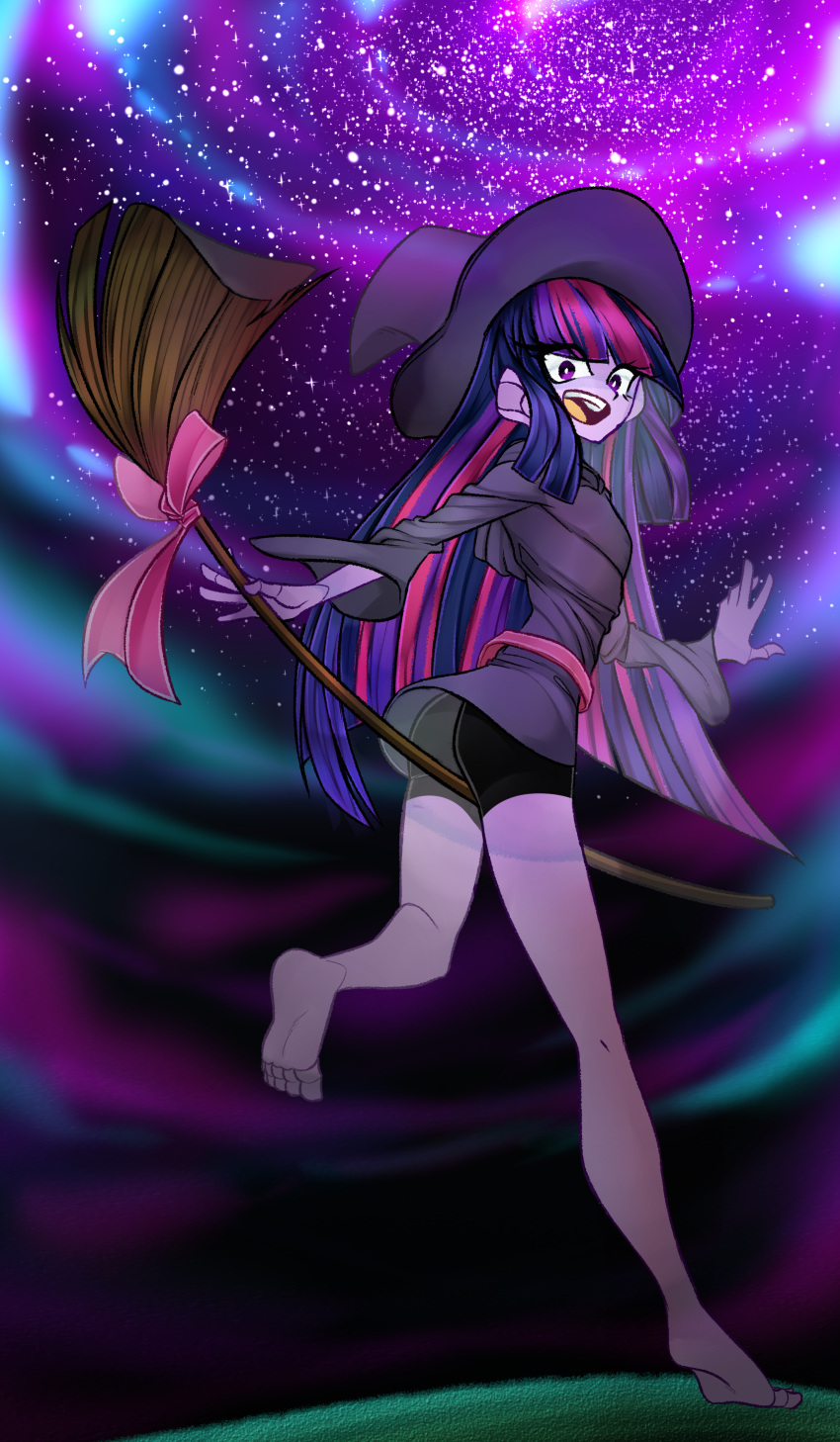 absurd_res broom broom_riding byemyfriends cleaning_tool clothing dress equestria_girls female flying friendship_is_magic hasbro hat headgear headwear hi_res humanoid little_witch_academia magic magic_user my_little_pony night purple_body purple_skin short_dress sky solo star starry_sky studio_trigger twilight_sparkle_(mlp) witch witch_costume witch_hat