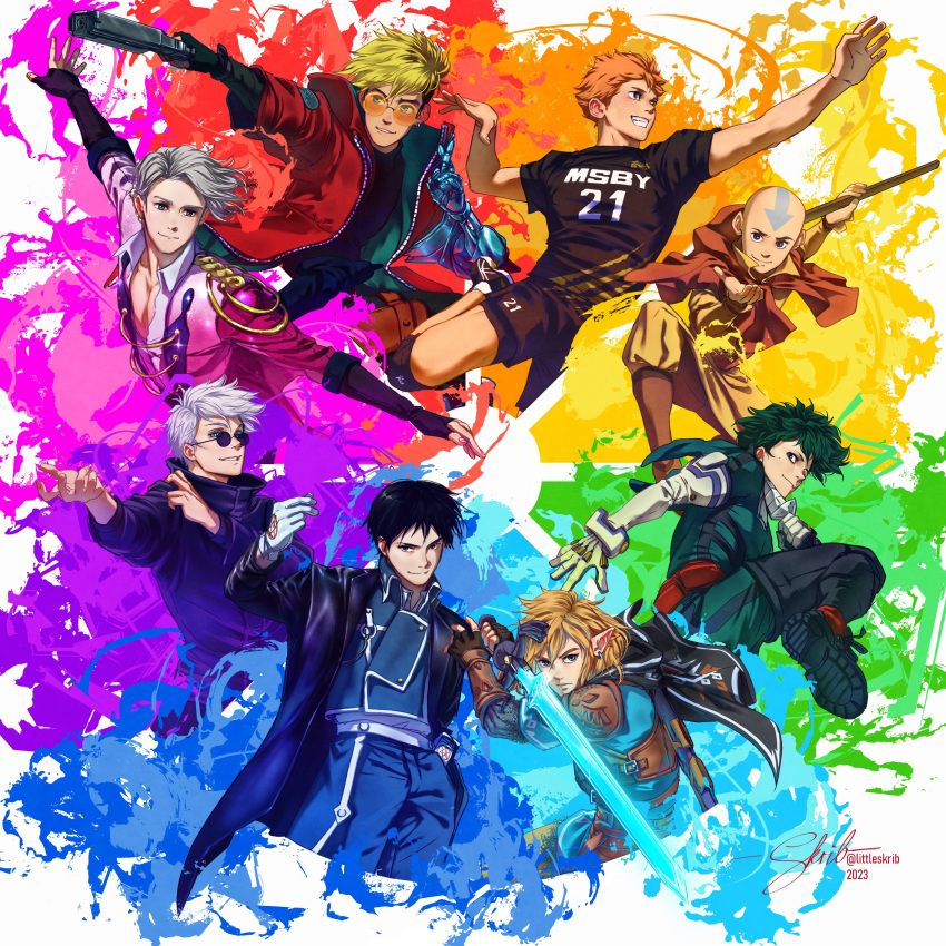 6+boys aang absurdres avatar:_the_last_airbender avatar_legends bald black_hair black_shirt blonde_hair boku_no_hero_academia cape color_wheel_challenge cowboy_shot dated earrings forehead_tattoo fullmetal_alchemist gloves gojou_satoru green_hair grey_hair haikyuu!! highres hinata_shouyou holding holding_sword holding_weapon jacket jewelry jujutsu_kaisen kicking link littleskrib long_sleeves looking_at_viewer midoriya_izuku multiple_boys orange_hair pink_shirt pointy_ears print_gloves print_shirt red_jacket roy_mustang shirt short_hair short_sleeves signature sunglasses sword the_legend_of_zelda the_legend_of_zelda:_breath_of_the_wild trigun trigun_stampede twitter_username vash_the_stampede viktor_nikiforov weapon white_gloves white_hair yuri!!!_on_ice