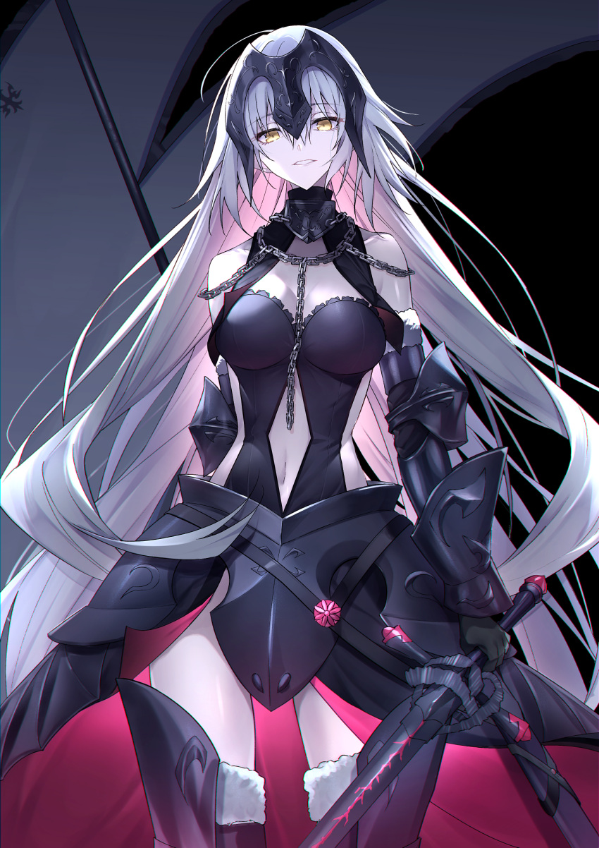 1girl armor armored_boots armored_dress bare_shoulders black_dress black_thighhighs boots breasts chain cleavage collar dress fate/grand_order fate_(series) faulds flag fur-trimmed_legwear fur_trim gauntlets grey_hair headpiece highres jeanne_d'arc_alter_(avenger)_(fate) jeanne_d'arc_alter_(fate) large_breasts long_hair looking_at_viewer metal_collar navel plackart polearm pttyr solo sword thighhighs thighs very_long_hair weapon yellow_eyes