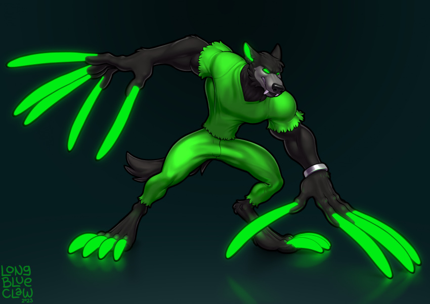 2023 absurd_res anthro black_body black_fur canid canine canis claws clothed clothing danny_phantom digital_media_(artwork) full-length_portrait fur glowing glowing_eyes green_eyes grey_body grey_fur hi_res long_claws longblueclaw male mammal muscular muscular_anthro muscular_male nickelodeon no_pupils portrait pose simple_background snarling solo teeth wolf wulf_(danny_phantom)