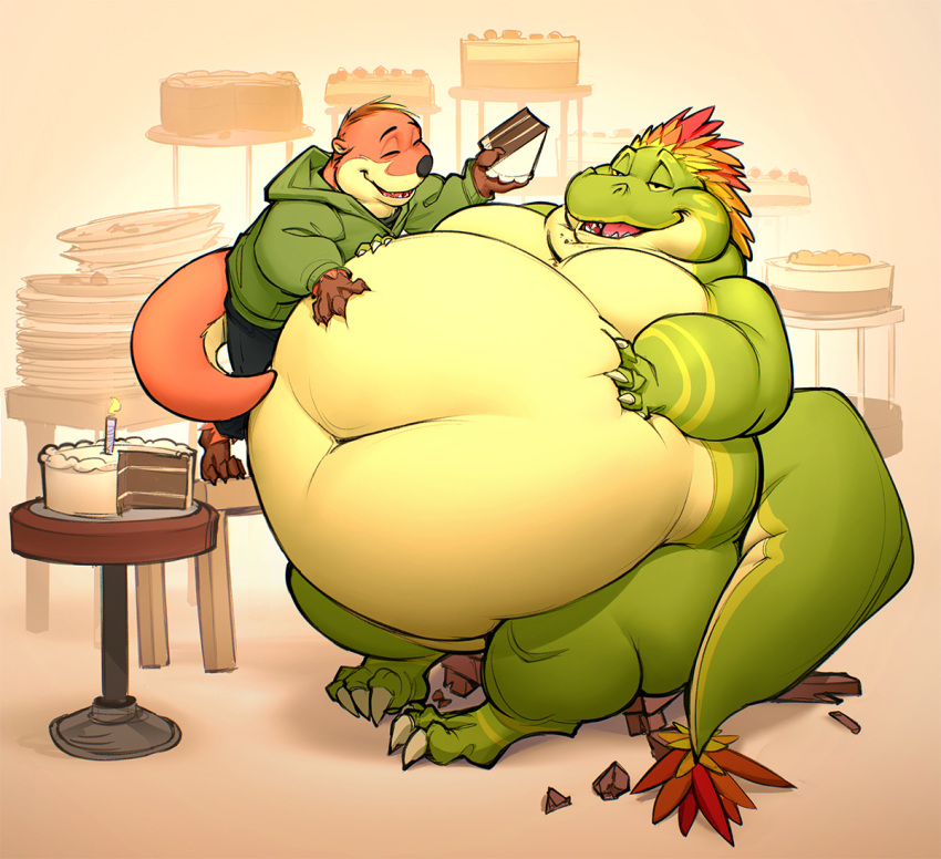 2018 abthegreat ambiguous_gender anthro attius_brightwater_(abthegreat) belly belly_grab big_belly cake chair_breaking dessert digital_media_(artwork) dragon dragontzin_(character) duo feeding food mammal mustelid obese obese_ambiguous obese_anthro otter overweight overweight_ambiguous overweight_anthro stuffing weight_gain