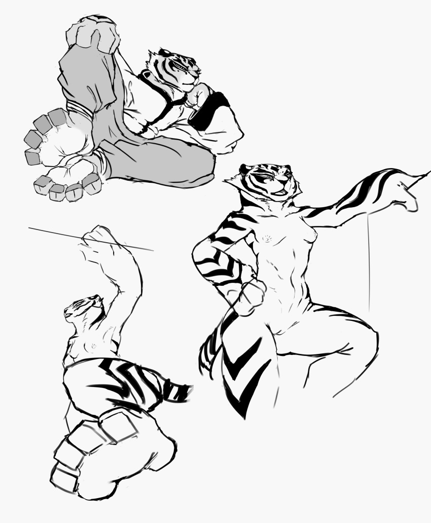 2023 absurd_res anthro breasts clothing dreamworks feet felid feline female hi_res kung_fu_panda mammal master_tigress monochrome pantherine sanido simple_background sketch small_breasts solo stripes tail tiger