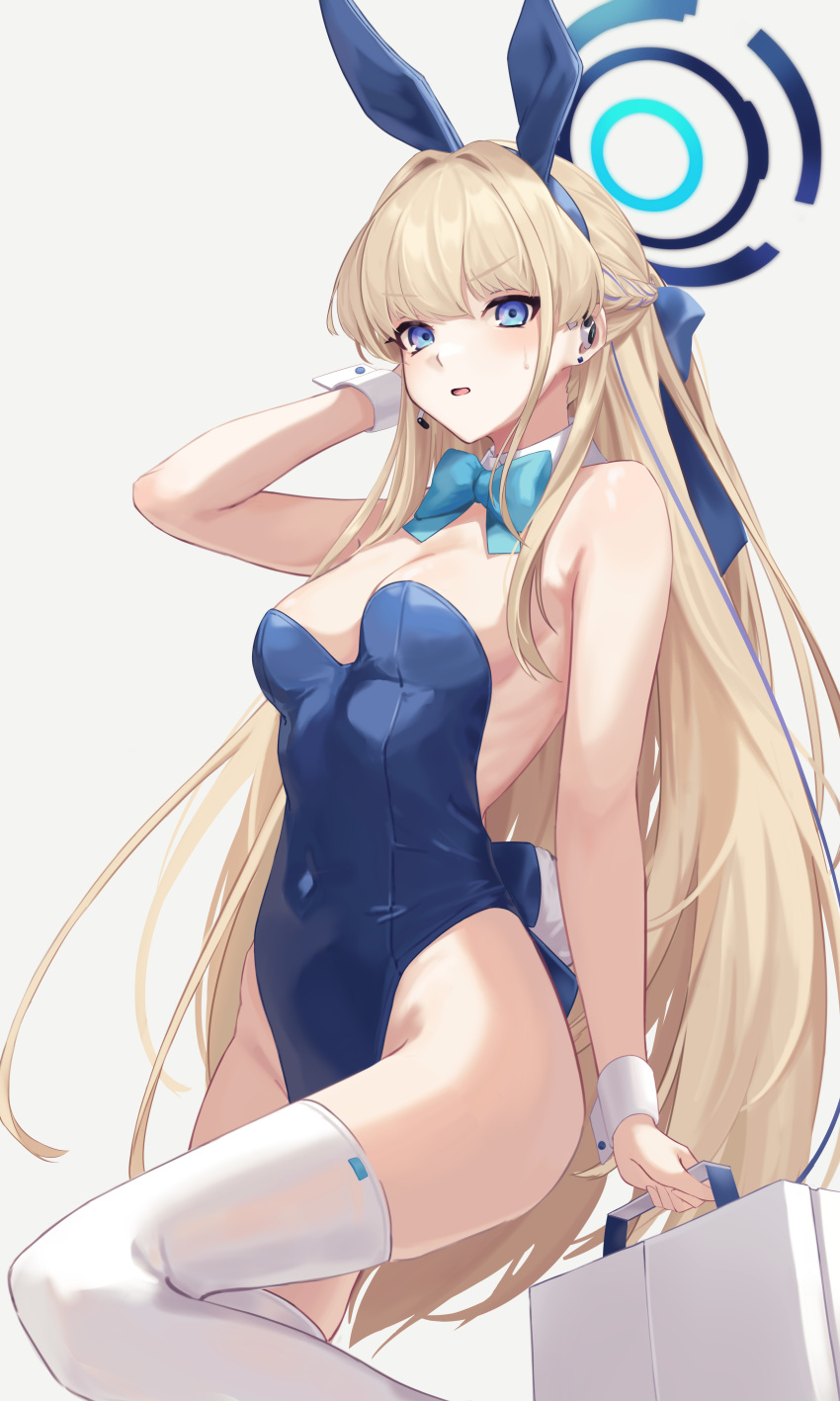 1girl absurdres animal_ears arm_up bare_shoulders blonde_hair blue_archive blue_bow blue_eyes blue_hairband blue_leotard bow bowtie breasts briefcase covered_navel detached_collar fake_animal_ears hairband halo highleg highleg_leotard highres holding holding_briefcase knee_up leotard long_hair looking_at_viewer open_mouth playboy_bunny rabbit_ears rabbit_tail small_breasts smallpine_7 solo standing standing_on_one_leg tail thighhighs thighs toki_(blue_archive) toki_(bunny)_(blue_archive) v-shaped_eyebrows very_long_hair white_thighhighs wrist_cuffs