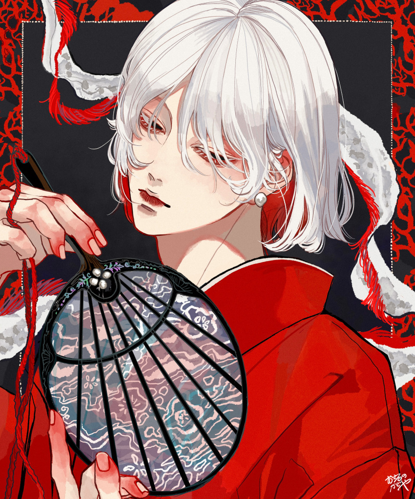 1boy absurdres black_background black_eyes border closed_mouth earrings fingernails gem hair_over_eyes half-closed_eyes hand_fan hand_up highres holding holding_fan japanese_clothes jewelry kagoya1219 kimono male_focus original pearl_(gemstone) pearl_earrings red_border red_kimono short_hair sideways_glance signature solo tuanshan upper_body white_hair