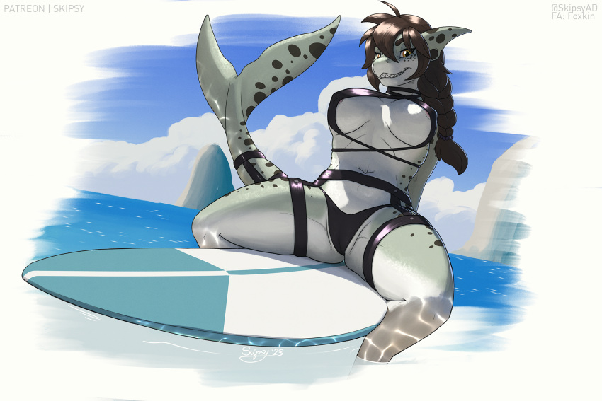 anthro bikini bodily_fluids braided_hair brown_hair camel_toe clothing cloud dripping feet_in_water female fin fish freckles genital_fluids genitals hair hi_res marine mostly_nude shark sitting skipsy sky smile solo spread_legs spreading surfboard swimwear sylvia_shoal tail tail_fin water