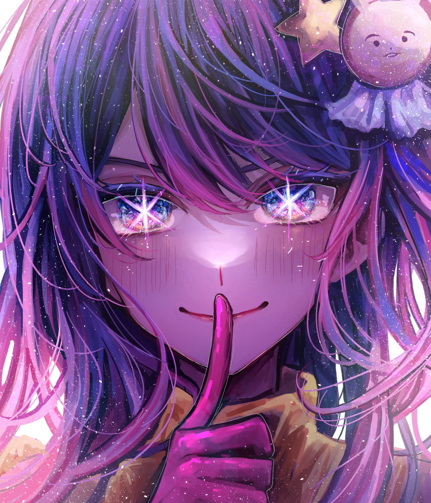 1girl absurdres annin_cha closed_mouth finger_to_mouth gloves hair_ornament highres hoshino_ai_(oshi_no_ko) idol long_hair oshi_no_ko pink_gloves purple_eyes purple_hair rabbit_hair_ornament solo star-shaped_pupils star_(symbol) symbol-shaped_pupils