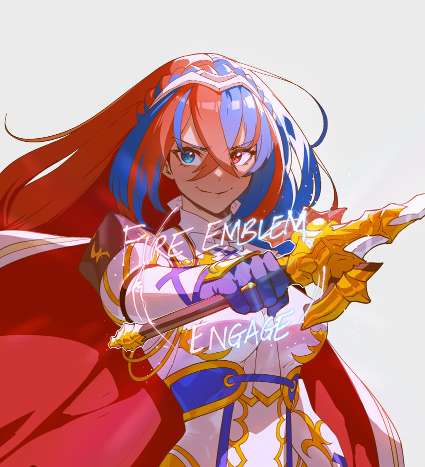 1girl alear_(female)_(fire_emblem) alear_(fire_emblem) armor blue_eyes blue_hair braid breasts crossed_bangs crown_braid fire_emblem fire_emblem_engage gloves hair_flowing_over heterochromia highres long_hair looking_at_viewer medium_breasts multicolored_hair nyantcha red_eyes red_hair smile solo split-color_hair tiara two-tone_hair very_long_hair