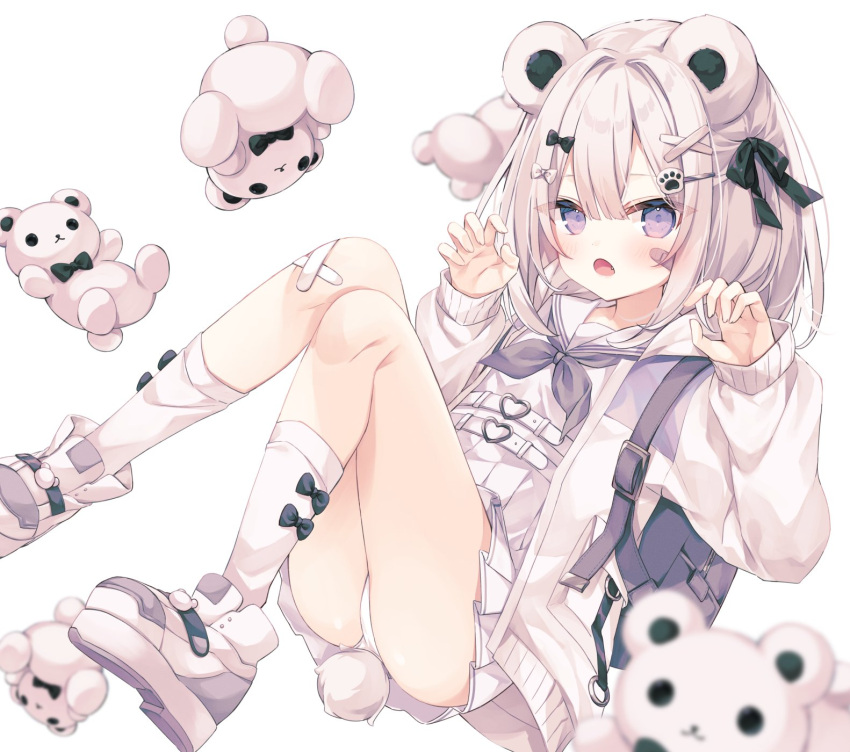 1girl :o animal_ears ass backpack bag bear_ears bear_girl bear_tail black_bow blurry blurry_foreground bow cardigan commentary_request depth_of_field fang grey_hair grey_neckerchief hair_between_eyes hair_bow hair_ornament hairclip highres hoshi_(snacherubi) knees_together_feet_apart long_sleeves looking_at_viewer neckerchief open_cardigan open_clothes open_mouth original panties paw_hair_ornament pleated_skirt puffy_long_sleeves puffy_sleeves purple_eyes sailor_collar school_uniform serafuku shirt shoe_soles simple_background skirt sleeves_past_wrists socks solo stuffed_animal stuffed_toy tail teddy_bear underwear white_background white_bow white_cardigan white_footwear white_panties white_sailor_collar white_serafuku white_shirt white_skirt white_socks x_hair_ornament