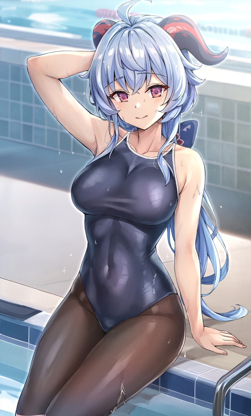 1girl ahoge bell blue_hair bodystocking breasts closed_mouth commentary_request covered_navel cowbell ganyu_(genshin_impact) genshin_impact goat_horns highres horns kotatsu_(kotatsu358) long_hair looking_at_viewer medium_breasts pantyhose school_swimsuit sitting skin_tight swimsuit