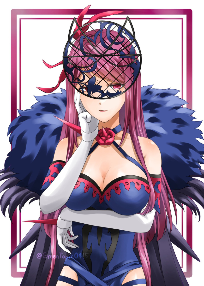 1girl bare_shoulders breasts cleavage dress elbow_gloves fascinator fire_emblem fire_emblem_engage flower gloves greentapir0415 hair_ornament highres ivy_(fire_emblem) jewelry large_breasts long_hair looking_at_viewer mole mole_under_mouth purple_eyes purple_hair rose serious side_slit solo white_gloves