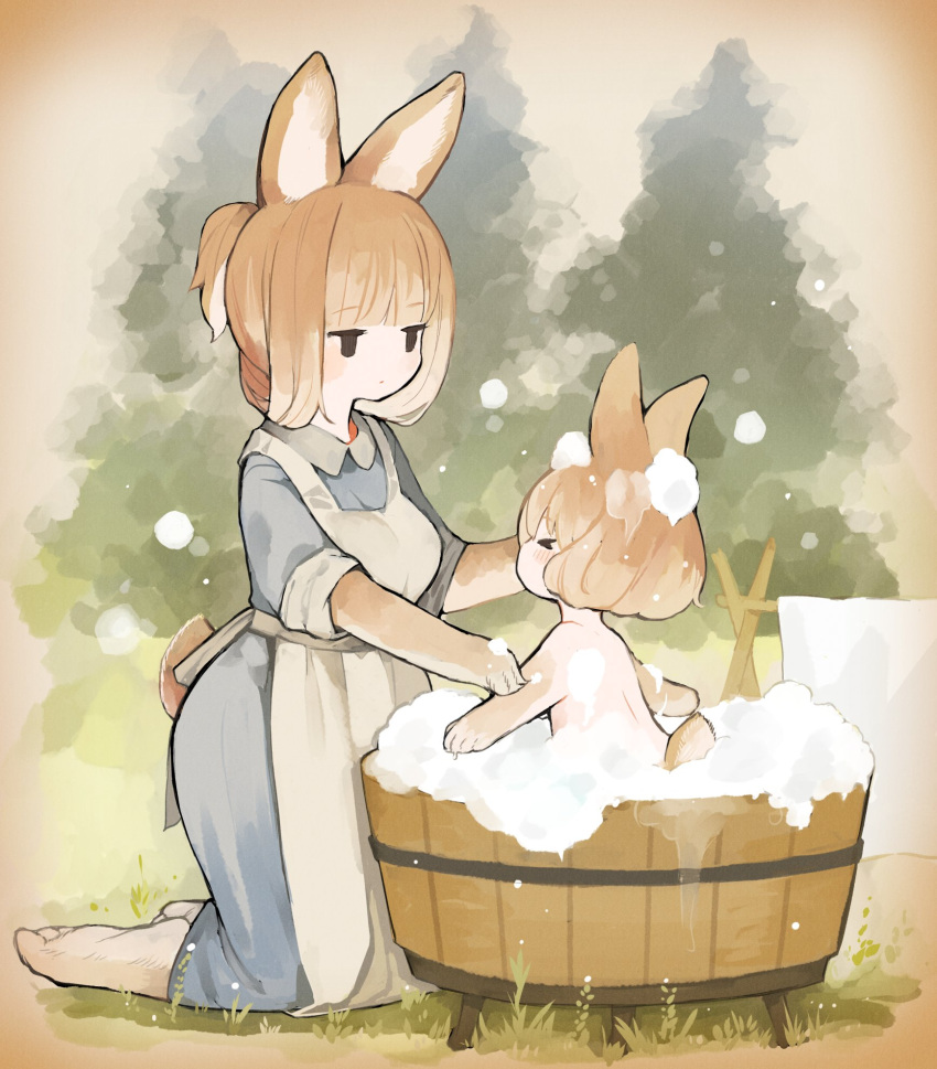 &gt;_&lt; 2girls animal_ears apron black_eyes blue_dress brown_hair bucket child closed_eyes closed_mouth collared_dress commentary_request dress gradient_hair highres kneeling multicolored_hair multiple_girls no_pupils original outdoors ponytail rabbit_ears rabbit_girl rabbit_tail sakutake_(ue3sayu) soap_bubbles tail towel towel_rack washing washing_another