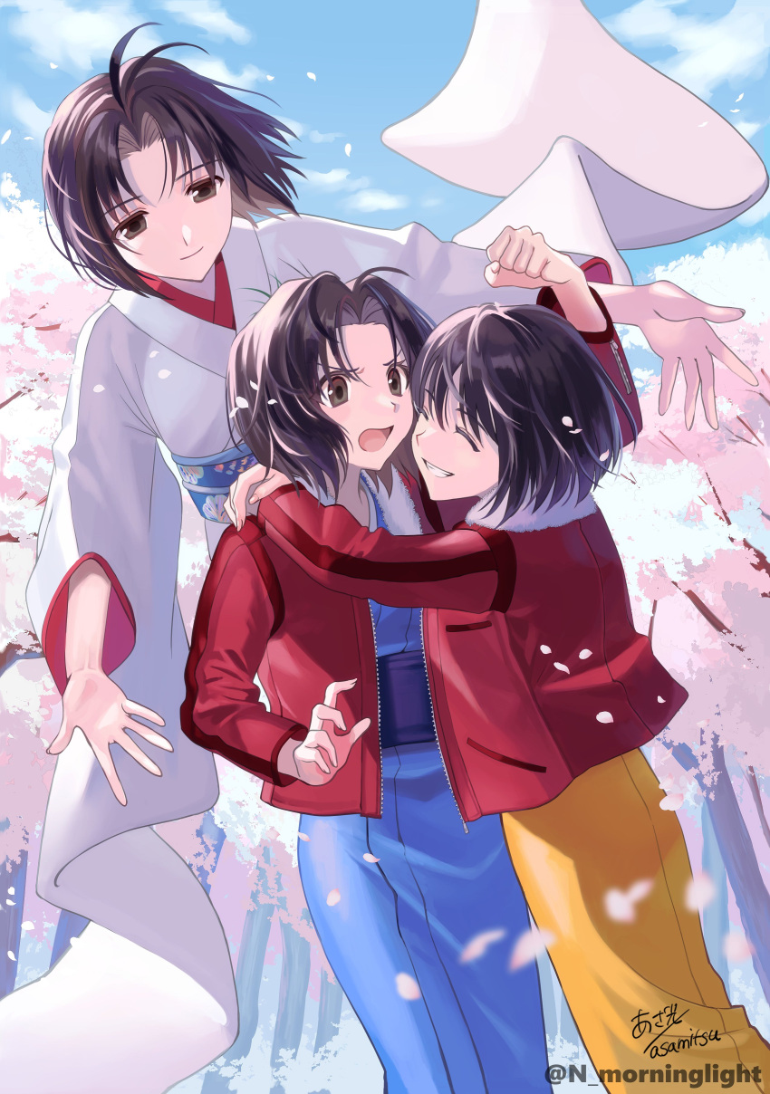 3girls absurdres asakou_(n_morninglight) black_eyes black_hair blue_kimono blue_sky blush cherry_blossoms closed_eyes closed_mouth cloud commentary_request day forehead fur-trimmed_jacket fur_trim grin highres hug jacket japanese_clothes kara_no_kyoukai kimono long_sleeves multiple_girls multiple_persona obi open_clothes open_jacket open_mouth outdoors parted_bangs petals red_jacket ryougi_shiki sash short_hair signature sky smile tree twitter_username white_kimono wide_sleeves yellow_kimono