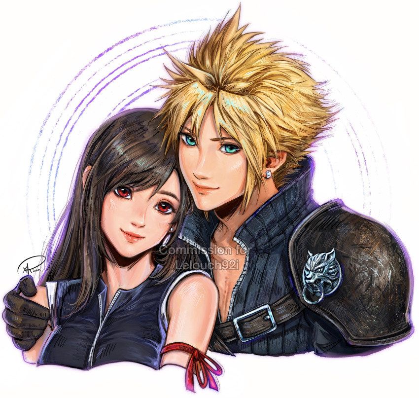 1boy 1girl absurdres arm_ribbon bare_shoulders black_gloves black_vest blue_eyes closed_mouth cloud_strife commentary commission couple cropped_torso earrings english_commentary final_fantasy final_fantasy_vii final_fantasy_vii_advent_children gloves hand_on_another's_shoulder head_tilt heads_together height_difference highres jewelry lips long_hair looking_at_viewer popped_collar red_eyes red_ribbon ribbed_shirt ribbon shirt short_hair signature single_earring single_shoulder_pad single_sidelock sleeveless sleeveless_shirt smile spiked_hair stud_earrings swept_bangs tank_top teardrop_earrings tifa_lockhart upper_body vest watermark white_tank_top xriviia zipper
