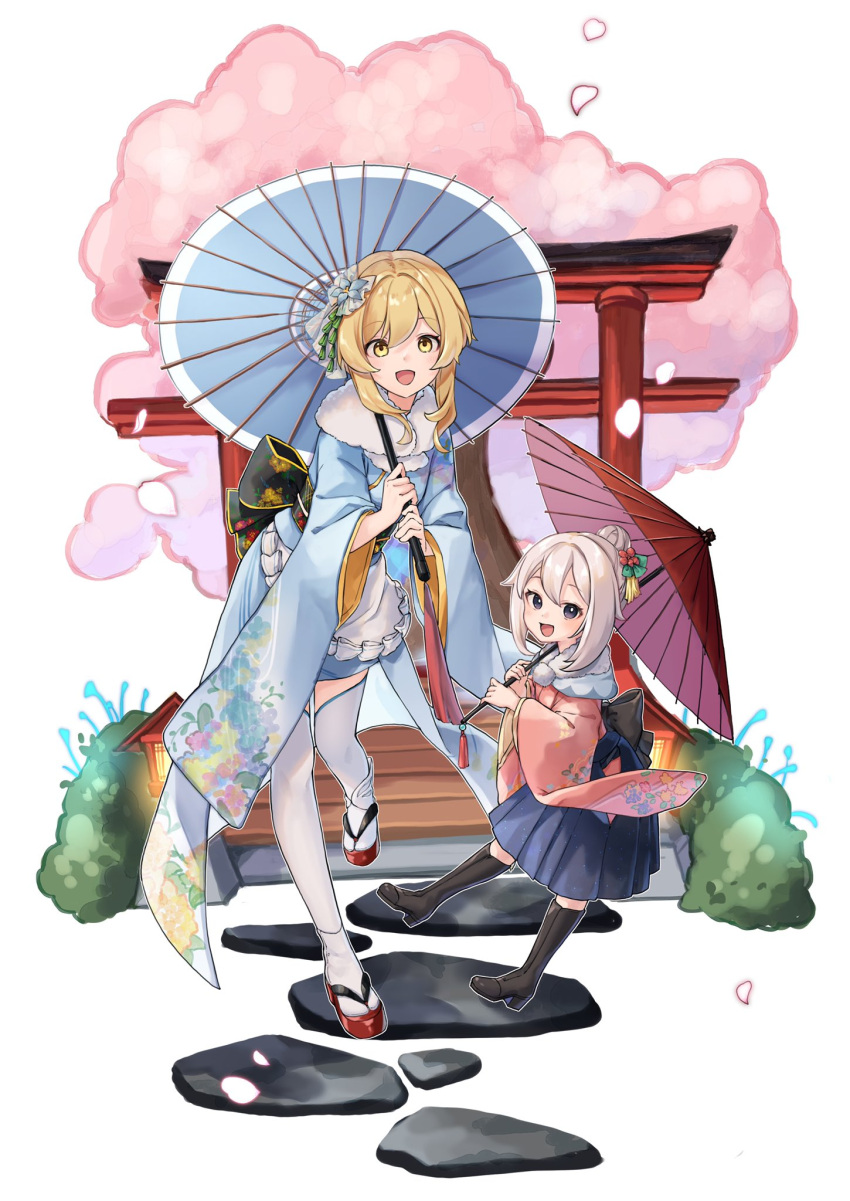 2girls aged_up alternate_costume black_footwear blonde_hair blue_kimono blue_skirt boots cherry_blossoms flower fur_trim genshin_impact geta hair_between_eyes hair_flower hair_ornament highres holding holding_umbrella japanese_clothes kimono long_hair long_sleeves lumine_(genshin_impact) multiple_girls oil-paper_umbrella open_mouth paimon_(genshin_impact) pink_kimono shoes skirt smile tassel thighhighs umbrella white_hair white_thighhighs yellow_eyes yu_ri_0320