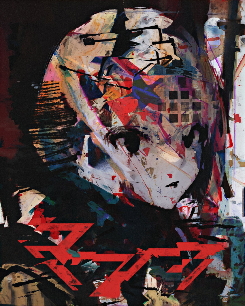 1girl abstract abstract_background ai-assisted black_eyes black_lips commentary crossed_out english_commentary from_side glitch graffiti grey_hair hair_between_eyes highres hitboxsamurai horns looking_at_viewer original pale_skin parted_lips portrait scribble short_hair solo