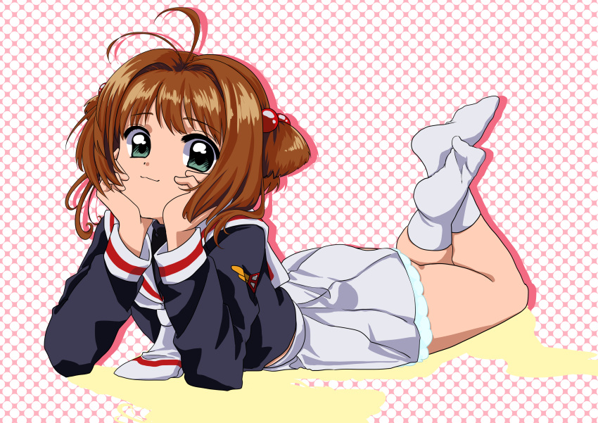 1girl :3 absurdres ass brown_hair cardcaptor_sakura child green_eyes highres kinomoto_sakura light_smile mosu_(pixiv13007203) on_floor sailor_collar school_uniform short_hair socks solo tomoeda_elementary_school_uniform white_sailor_collar white_socks