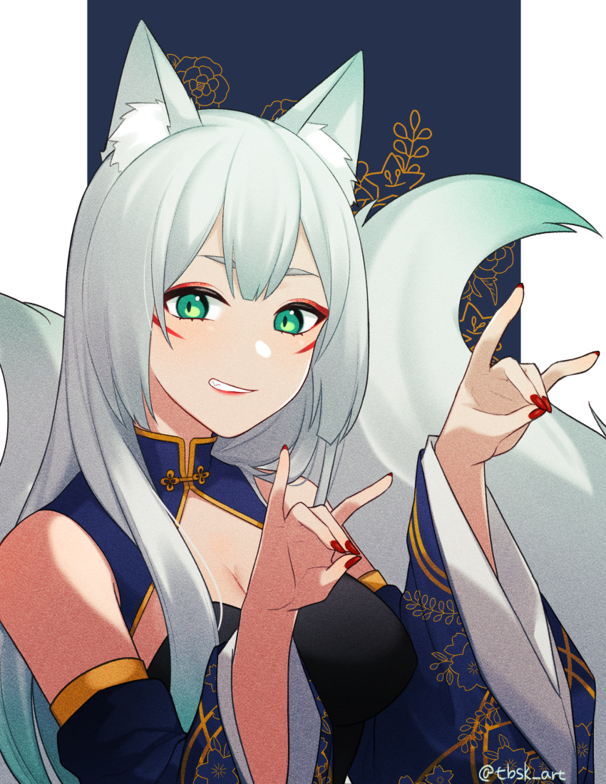 1girl animal_ear_fluff animal_ears breasts detached_sleeves double_fox_shadow_puppet facial_mark fox_ears fox_girl fox_shadow_puppet fox_tail highres large_breasts lipstick looking_at_viewer makeup multiple_tails nukonuko0112 original red_nails smirk solo tail teeth white_hair