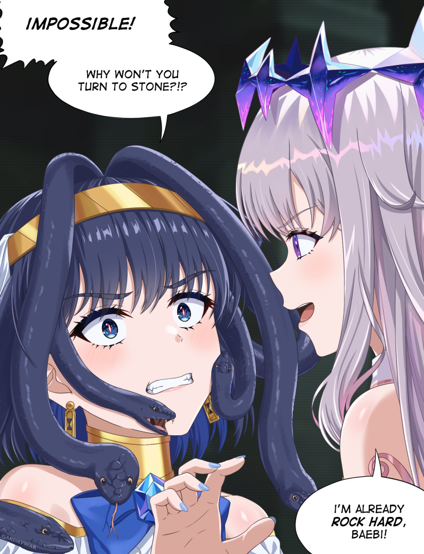 2girls afrodisiac ancient_greek_clothes black_hair blue_eyes blush_stickers circlet clenched_teeth commentary crown english_commentary english_text eye_contact gardavwar glowing glowing_eyes greco-roman_clothes grey_hair highres hololive hololive_english jewelry koseki_bijou long_hair looking_at_another medusaronii_(ouro_kronii) multiple_girls neck_ring official_alternate_costume ouro_kronii parody purple_hair red_pupils snake_hair speech_bubble teeth upper_body v-shaped_eyebrows virtual_youtuber