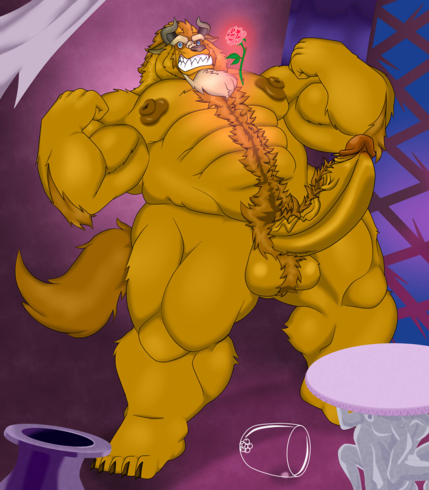 anthro backsack balls beast_(disney) beauty_and_the_beast blue_eyes brown_body brown_fur brown_hair disney erect_nipples erection eyebrows facial_hair fangs flower from_front_position fur gedesulobito genitals goatee grin hair hi_res horn inside male mammal mixureru monster muscular muscular_anthro muscular_arms muscular_male muscular_thighs nipples nude penis plant purple_wall raised_tail rose_(flower) showing_penis smile solo spread_legs spreading standing tail teeth thick_eyebrows thick_thighs window