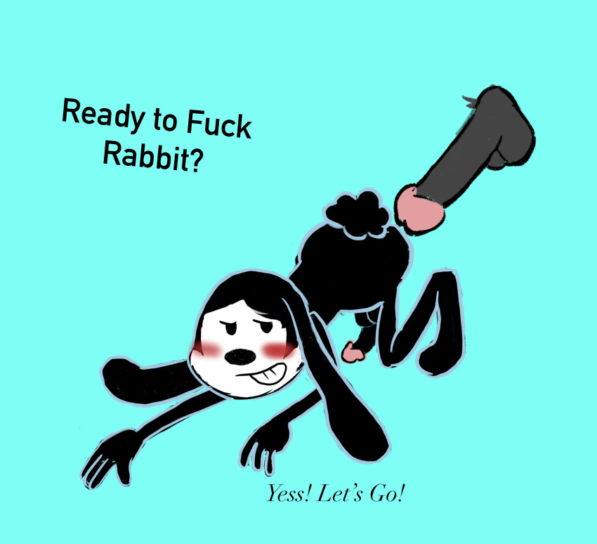 absurd_res anthro ass_up bedroom_eyes begging_for_sex black_body black_fur blush disembodied_penis disney excited_for_sex floor_sex fur genitals gesture grin hi_res lagomorph leporid male male/male mammal narrowed_eyes negafelix oswald_the_lucky_rabbit penis rabbit seductive smile solo suggestive suggestive_dialogue suggestive_gesture suggestive_look suggestive_pose text