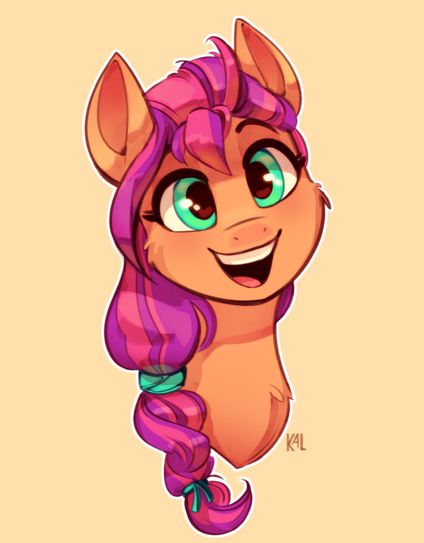 2021 accessory braided_hair bust_portrait cheek_tuft chest_tuft digital_media_(artwork) earth_pony equid equine eyelashes facial_tuft female feral fur green_eyes hair hair_accessory hair_ribbon hasbro hi_res horse kaleido-art mammal mlp_g5 multicolored_hair my_little_pony orange_body orange_fur pink_hair pony portrait purple_hair ribbons simple_background smile sunny_starscout_(mlp) tuft two_tone_hair