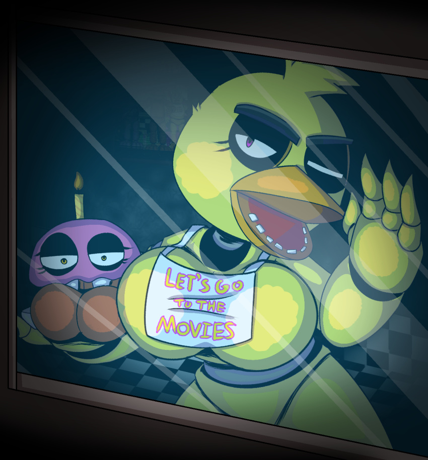 against_surface anthro avian big_breasts bird breasts breasts_on_glass chica_(fnaf) cupcake_(fnaf) female five_nights_at_freddy's hi_res machine on_glass robot scottgames video_games weirdkoaladream