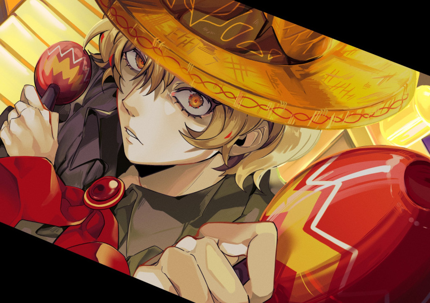 1boy blonde_hair close-up highres holding instrument limbus_company looking_at_viewer male_focus maracas necktie project_moon red_necktie redtears_04 short_hair sinclair_(limbus_company) solo_focus yellow_eyes