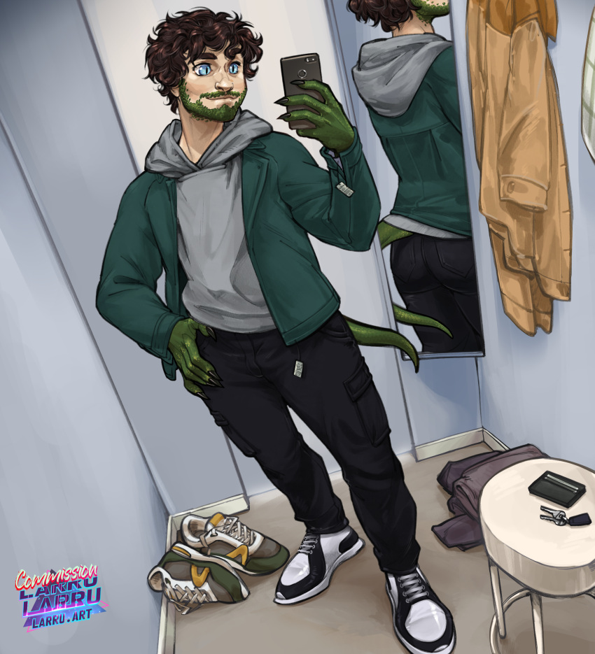 clawed_fingers clothed clothing facial_hair footwear fully_clothed fully_clothed_male goatee green_body green_scales hi_res holding_object holding_phone hoodie human larru-larru mammal phone reptile scales scalie selfie topwear transformation