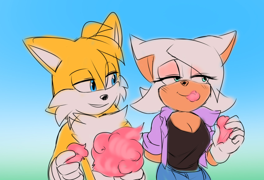 age_difference aged_up anthro bat blush candy canid canine cotton_candy date dessert duo female food fox hi_res krazyelf male male/female mammal miles_prower older_female romantic rouge_the_bat sega sonic_the_hedgehog_(series) younger_male