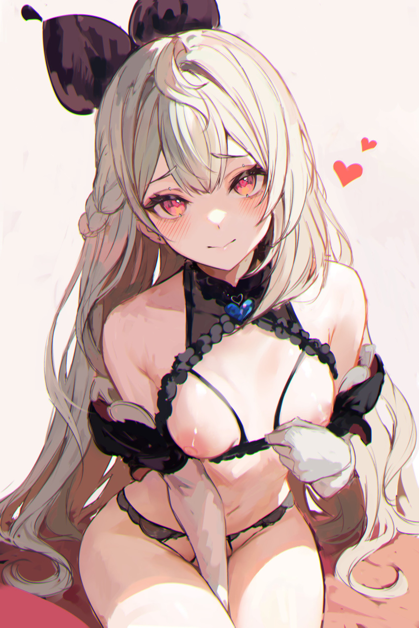 1girl absurdres bare_shoulders blush bra braid breasts character_request crotchless crotchless_panties cupless_bra elbow_gloves gloves hair_ornament heart heart-shaped_pupils highres long_hair looking_at_viewer medium_breasts naokomama nipples original panties red_eyes revealing_clothes smile solo symbol-shaped_pupils thighs underwear very_long_hair white_hair