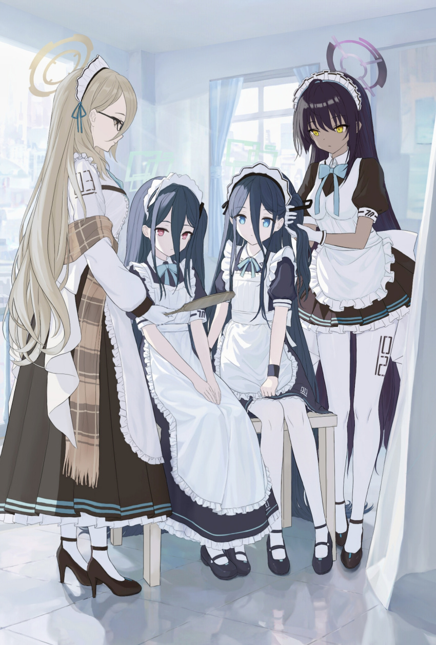 &lt;key&gt;_(blue_archive) 4girls absurdly_long_hair adjusting_another's_hair akane_(blue_archive) alternate_costume apron aqua_bow aqua_bowtie aqua_ribbon aris_(blue_archive) aris_(maid)_(blue_archive) black-framed_eyewear black_dress black_footwear black_hair blue_archive borrowed_clothes bow bowtie breasts commentary dark-skinned_female dark_skin dress dual_persona enmaided flat_chest frilled_apron frills glasses gloves hair_between_eyes halo high_heels highres holding holding_mirror indoors karin_(blue_archive) large_breasts long_hair looking_at_another looking_at_viewer maid maid_headdress mary_janes medium_breasts mirror multiple_girls official_alternate_costume one_side_up own_hands_together pantyhose petticoat pinafore_dress plaid_shawl puffy_short_sleeves puffy_sleeves reflective_floor ribbon ringed_eyes shawl shoes short_sleeves sleeveless sleeveless_dress straight_hair vanilla_(1171372740) very_long_hair white_apron white_gloves white_pantyhose wristband