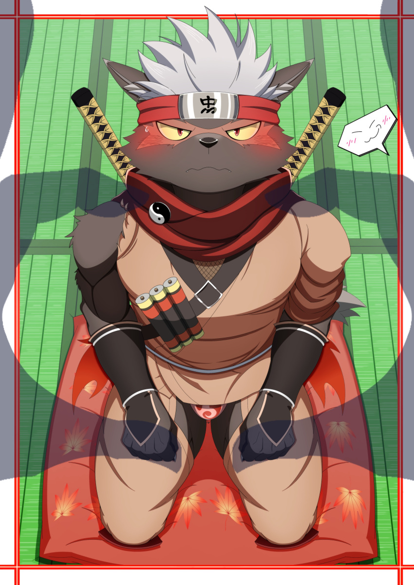 absurd_res anthro asian_clothing blush brown_body brown_fur bulge canid canine canis clothing disembodied_hand domestic_dog duo east_asian_clothing fur hair hi_res japanese_clothing kneeling lifewonders looking_at_viewer male mammal melee_weapon ninja pixiv_id_13961915 red_eyes scar tadatomo tokyo_afterschool_summoners underwear warrior weapon white_hair yellow_sclera