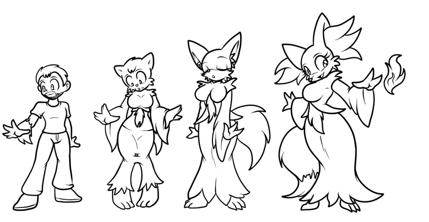 anthro bottomwear breasts chaoscroc clothed clothing delphox eyelashes eyes_closed female fire fur fur_growth gender_transformation generation_6_pokemon growth happy human male mammal medium_breasts monochrome mtf_transformation nintendo open_mouth pants pokemon pokemon_(species) sequence shirt smile solo solo_focus species_transformation standing surprised_expression tail tail_growth topwear transformation