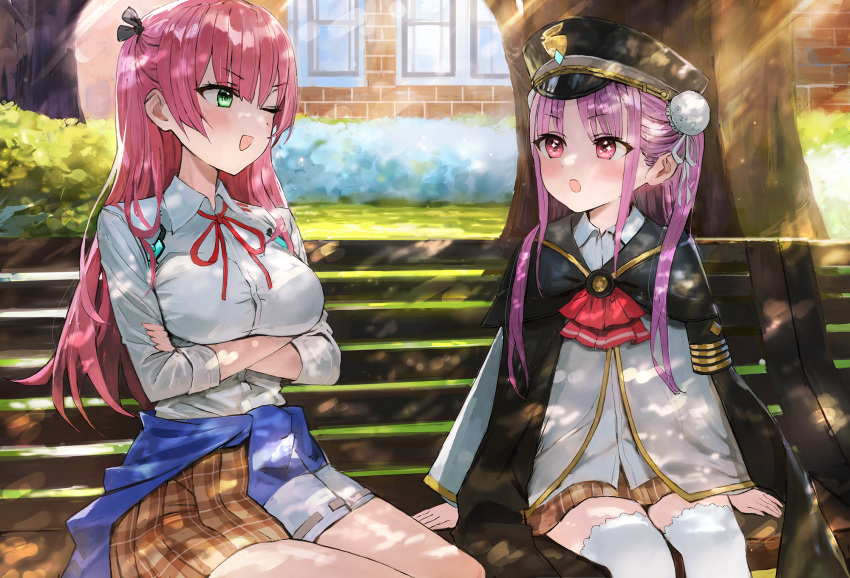 aikawa_megumi black_headwear blush breasts cape clothes_around_waist double_bun green_eyes hair_bun hat heaven_burns_red highres jacket jacket_around_waist kunimi_tama large_breasts long_hair military_hat pink_eyes pink_hair plaid plaid_skirt red_ribbon ribbon shirt skirt sonchi two_side_up white_shirt