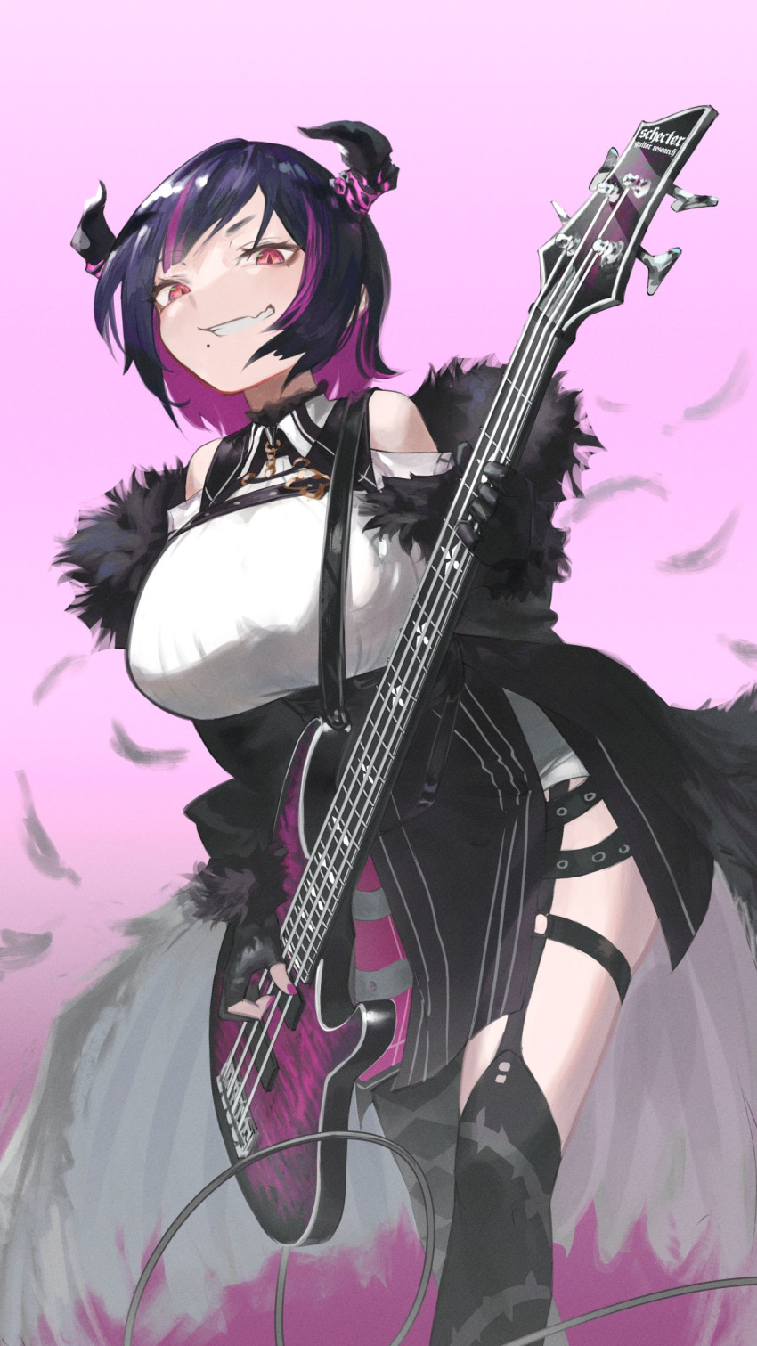 1girl anerissa_ravencroft argyle argyle_legwear asymmetrical_gloves asymmetrical_legwear bass_guitar black_feathers black_gloves black_hair black_jacket black_thighhighs breasts chest_strap colored_inner_hair demon_horns electric_guitar falling_feathers feather-trimmed_jacket feathered_wings feathers gloves grin guitar highres holding holding_guitar holding_instrument hololive hololive_english horns instrument jacket large_breasts looking_at_viewer mismatched_gloves mismatched_legwear mole mole_under_mouth multicolored_hair partially_fingerless_gloves pink_background pink_eyes pink_hair reon_(98109reon) short_hair smile solo thigh_strap thighhighs wings