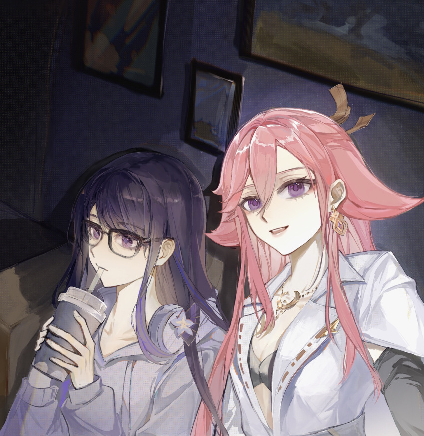 2girls animal_ears black_bra blunt_bangs bra contemporary cup drinking drinking_glass earrings genshin_impact glasses hair_between_eyes hair_down hair_ornament headphones highres holding hood hooded_jacket indoors jacket jewelry kis7908992 long_hair looking_at_viewer looking_down mole mole_under_eye multiple_girls necklace official_alternate_costume open_clothes open_jacket open_mouth picture_frame pink_hair purple_eyes purple_hair raiden_shogun raiden_shogun_(2nd_anniversary) sitting suit taking_picture underwear white_suit yae_miko yae_miko_(2nd_anniversary) yuri