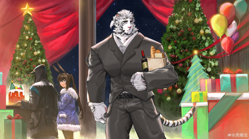 1boy 1girl 1other absurdres amiya_(arknights) animal_ears arknights bag bara black_suit bottle cake carrying carrying_under_arm christmas christmas_tree collared_shirt doctor_(arknights) feet_out_of_frame food formal furry furry_male highres hood hood_up hujusheng large_pectorals long_hair looking_at_viewer male_focus mature_male mountain_(arknights) muscular muscular_male official_alternate_hairstyle pectorals ponytail rabbit_ears shirt shopping_bag short_hair standing suit thick_eyebrows tiger_boy tiger_ears undershirt white_fur wine_bottle