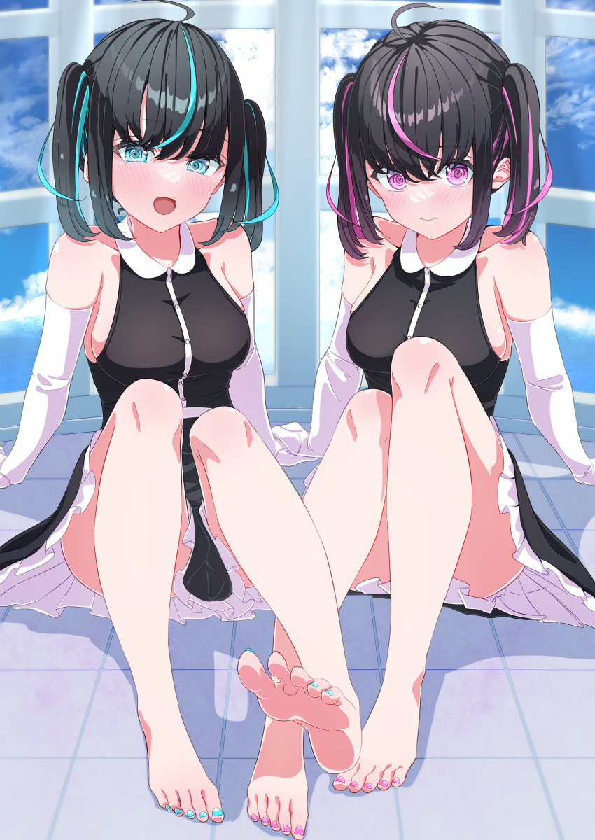 2girls :d absurdres ahoge arm_support bare_shoulders barefoot black_dress black_hair blue_eyes blue_hair blue_nails blush breasts closed_mouth commentary_request crossed_bangs dress elbow_gloves feet foot_focus frilled_dress frills gloves godai_01 hair_between_eyes highres knees_up legs looking_at_viewer medium_breasts multicolored_hair multiple_girls nail_polish open_mouth original pink_eyes pink_hair pink_nails ringed_eyes shadow sidelocks sitting sleeveless sleeveless_dress smile soles streaked_hair tile_floor tiles toenail_polish toenails toes twintails white_gloves window