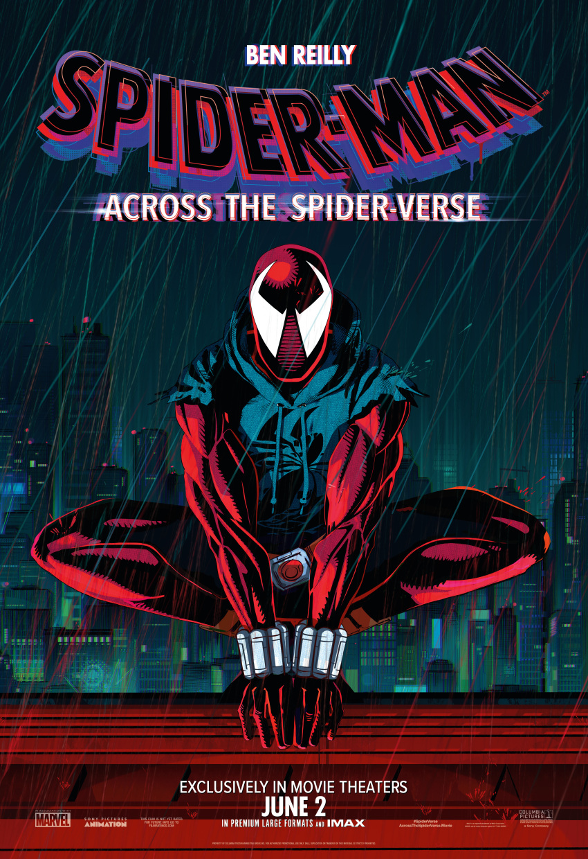 absurdres animal_print ben_reilly blue_bodysuit bodysuit copyright_name english_text highres hood hooded_bodysuit hoodie logo looking_at_viewer male_focus marvel mask movie_poster muscular official_art red_bodysuit scarlet_spider spider-man:_across_the_spider-verse spider-man_(series) spider_print superhero torn_hoodie