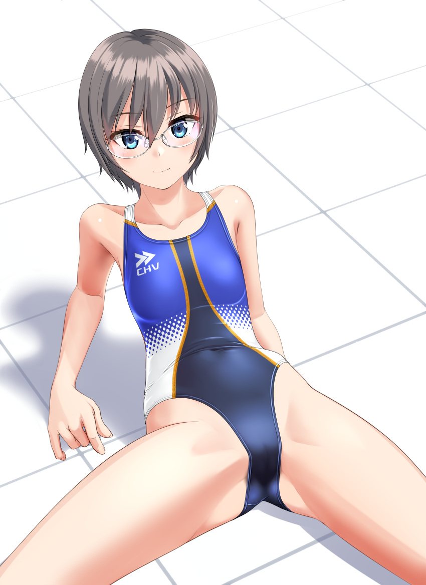 1girl absurdres blue_eyes blue_one-piece_swimsuit clothes_writing collarbone commentary_request competition_swimsuit covered_navel cowboy_shot grey_hair highres leaning_back logo looking_at_viewer multicolored_clothes multicolored_swimsuit one-piece_swimsuit original short_hair sitting solo spread_legs swimsuit takafumi tile_floor tiles tomboy