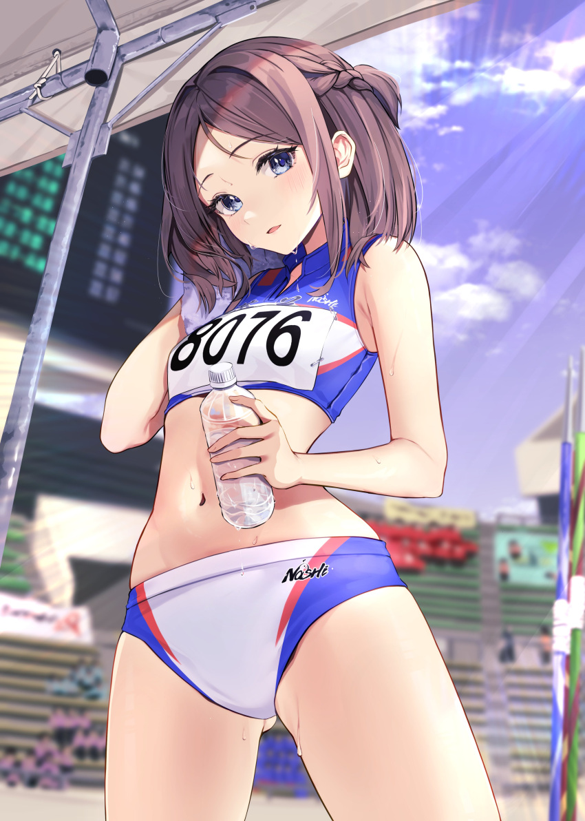 1girl absurdres armpit_crease bare_shoulders blue_buruma blue_eyes blue_sports_bra blurry blurry_background blush bottle braid breasts brown_hair buruma dutch_angle feet_out_of_frame hamanashi_(trapiorra) highres holding holding_bottle holding_towel medium_breasts midriff multicolored_buruma navel number_print original outdoors parted_lips race_bib short_hair sports_bra sweat towel upper_body water_bottle wet white_buruma