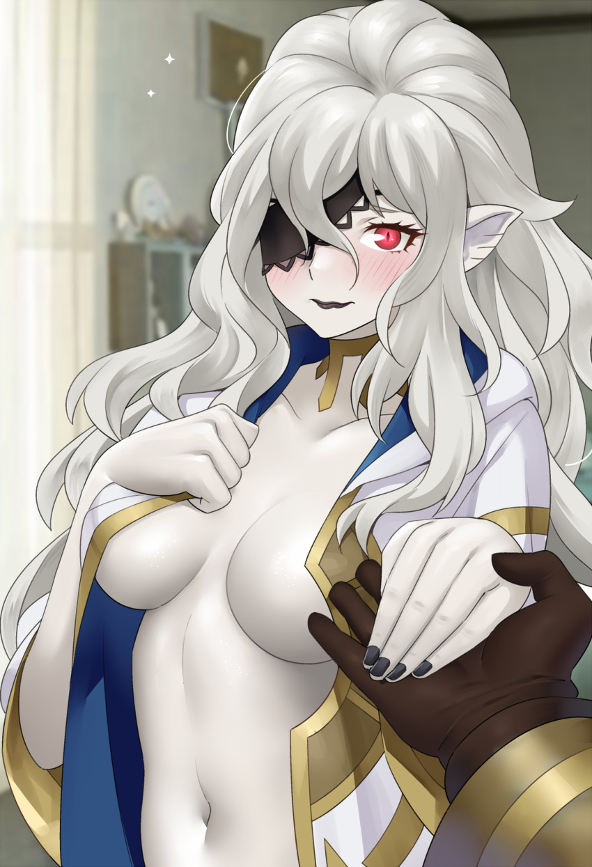 1boy 1girl black_nails breasts commission embla_(fire_emblem) fire_emblem fire_emblem_heroes hetero highres holding_hands igni_tion kiran_(fire_emblem) kiran_(male)_(fire_emblem) lace-trimmed_eyepatch medium_breasts midriff nail_polish navel pointy_ears pov red_eyes solo_focus vampire white_hair