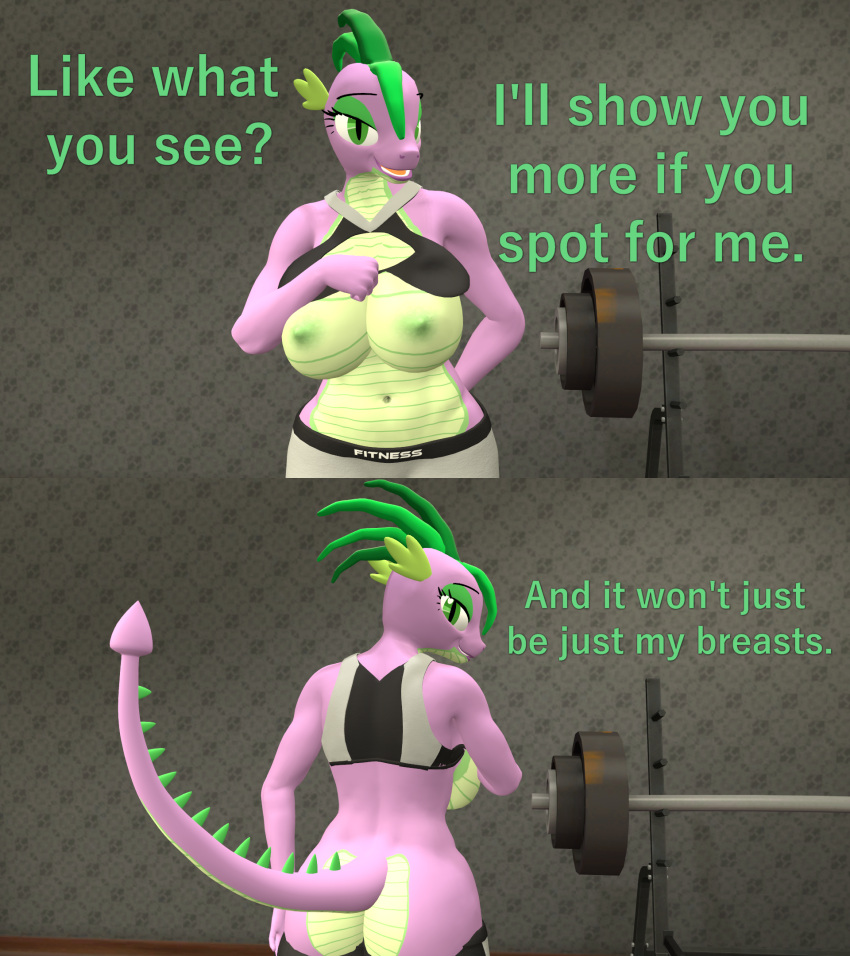 3d_(artwork) anthro barbell big_breasts breasts butt clothed clothing clothing_lift comic crossgender digital_media_(artwork) dragon english_text female friendship_is_magic hasbro hi_res looking_at_viewer looking_back looking_back_at_viewer mtf_crossgender my_little_pony nipples non-mammal_breasts papadragon69 shirt shirt_lift solo spike_(mlp) text topwear