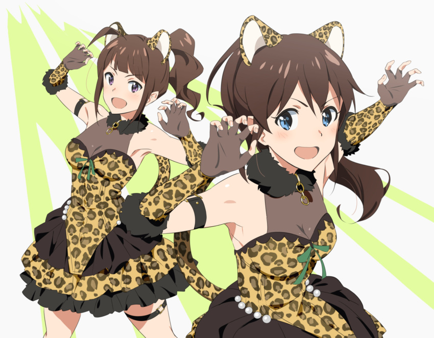 :d absurdres animal_ears animal_print breasts brown_hair claw_pose commentary_request cowboy_shot fake_animal_ears fingerless_gloves frilled_skirt frills gloves highres idolmaster idolmaster_million_live! idolmaster_million_live!_theater_days kisaniyav layered_skirt leopard_ears leopard_print medium_breasts o-ring o-ring_thigh_strap open_mouth ponytail print_gloves satake_minako see-through_cleavage skirt skirt_set smile thigh_strap v-shaped_eyebrows yokoyama_nao