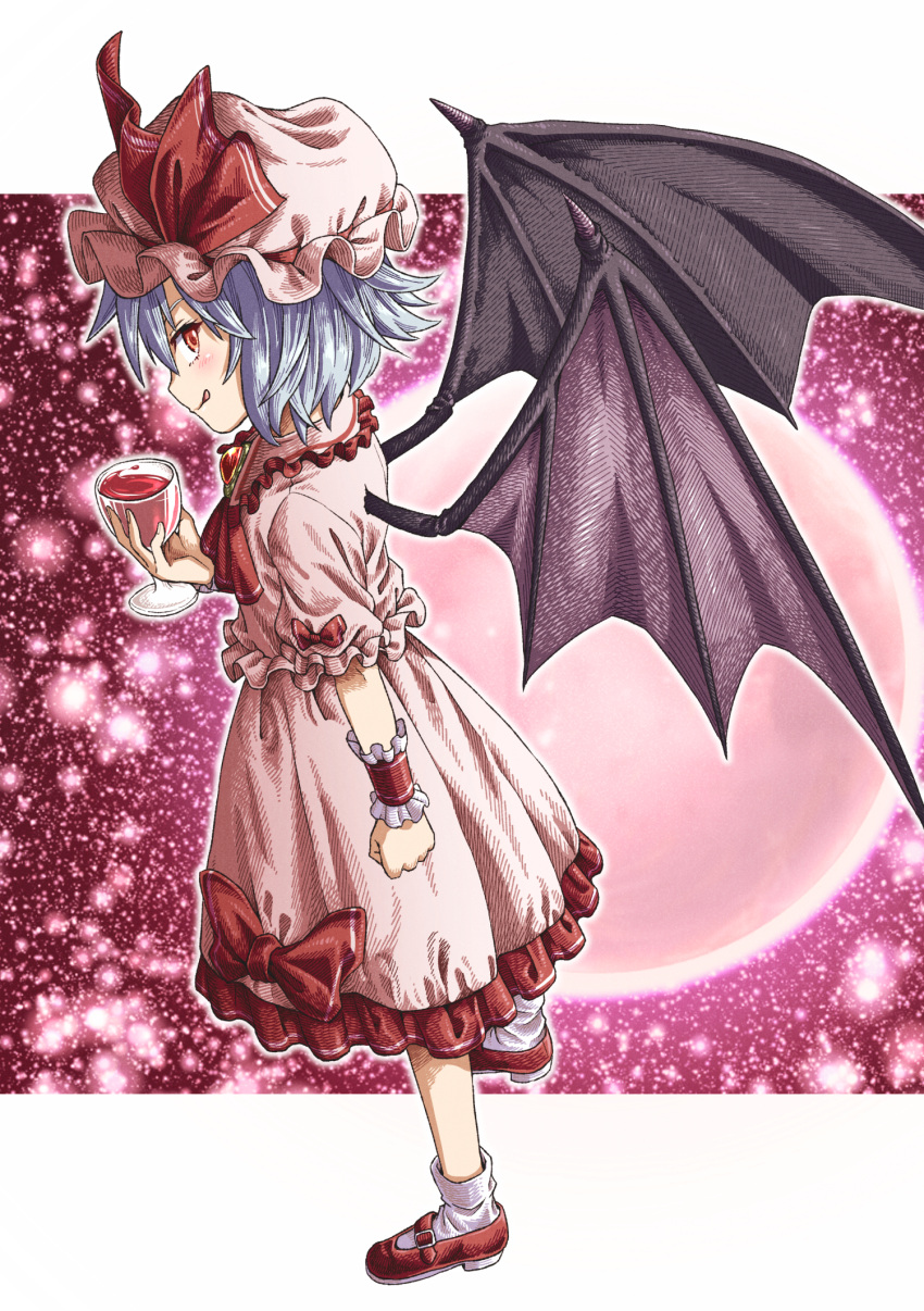 1girl bat_wings black_wings blue_hair blush closed_mouth cup dress drinking_glass frilled_sleeves frills full_body hat hat_ribbon highres holding holding_cup inuno_rakugaki mob_cap pink_dress pink_headwear red_eyes red_footwear red_ribbon remilia_scarlet ribbon shoes short_hair short_sleeves smile socks solo tongue tongue_out touhou white_socks wine_glass wings