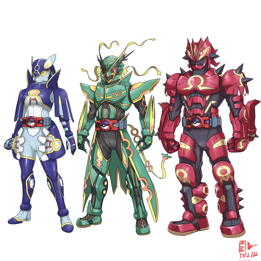 1girl 2boys armor arms_at_sides artist_name belt black_bodysuit blue_bodysuit blue_footwear blue_gloves blue_headwear bodysuit boots breastplate clenched_hands commentary dated english_commentary full_body gloves green_footwear green_gloves green_headwear groudon helmet highres kamen_rider kyogre master_ball mega_pokemon mega_rayquaza multiple_boys omega_symbol orange_eyes poke_ball pokemon pravin_rao_santheran primal_groudon primal_kyogre rayquaza red_eyes red_footwear red_gloves red_headwear ribbon shoulder_armor signature simple_background spikes standing waist_cape white_background yellow_ribbon yellow_trim