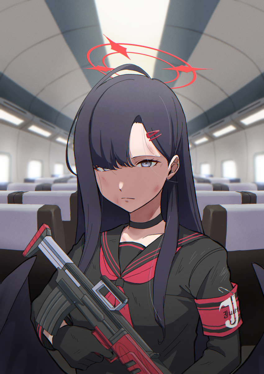 1girl absurdres armband black_choker black_gloves black_hair black_sailor_collar black_serafuku black_wings blue_archive choker closed_mouth gloves grey_eyes gun hair_ornament hairclip halo highres holding holding_gun holding_weapon ichika_(blue_archive) long_hair long_sleeves low_wings neckerchief red_armband red_halo red_neckerchief safety_pin sailor_collar school_uniform serafuku solo sorutosoru train_interior upper_body weapon wings