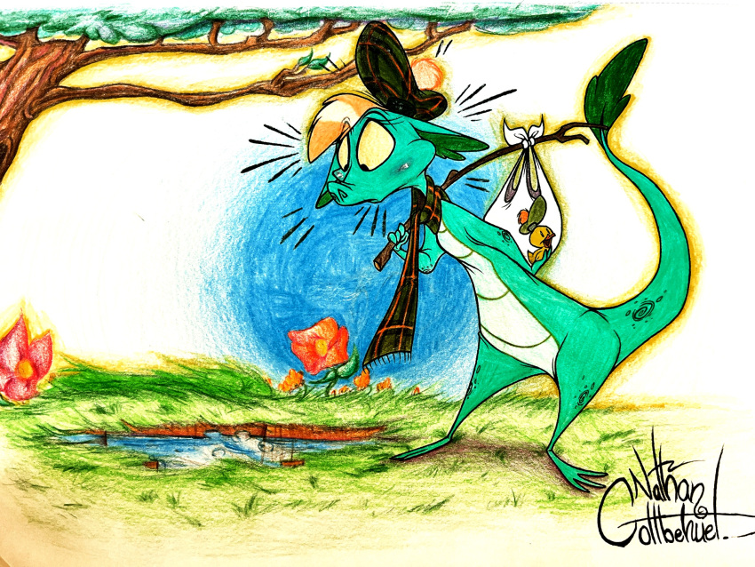 2022 3_toes 4:3 4_fingers anthro artist_name belly_scales bindle black_text blonde_hair clothing colored disney feet female fingers flower graphite_(artwork) green_body green_scales hair hat headgear headwear hi_res loch_ness_monster naturally_censored nessie_(disney) pencil_(artwork) plaid plant rubber_duck scales scalie scarf signature silentjack simple_background solo tail tam_o'_shanter text the_ballad_of_nessie toes traditional_media_(artwork) tree